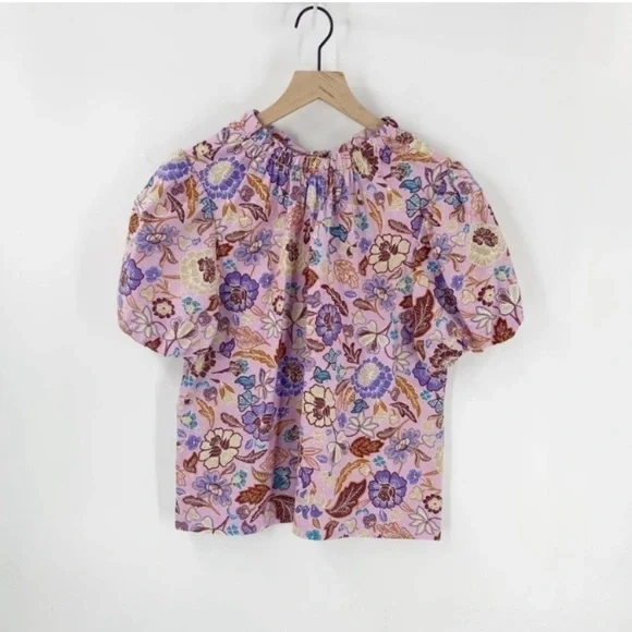 Ann Taylor Purple & Pink Batik Floral Tie Nape Puff Sleeve Blouse - Picture 1 of 11